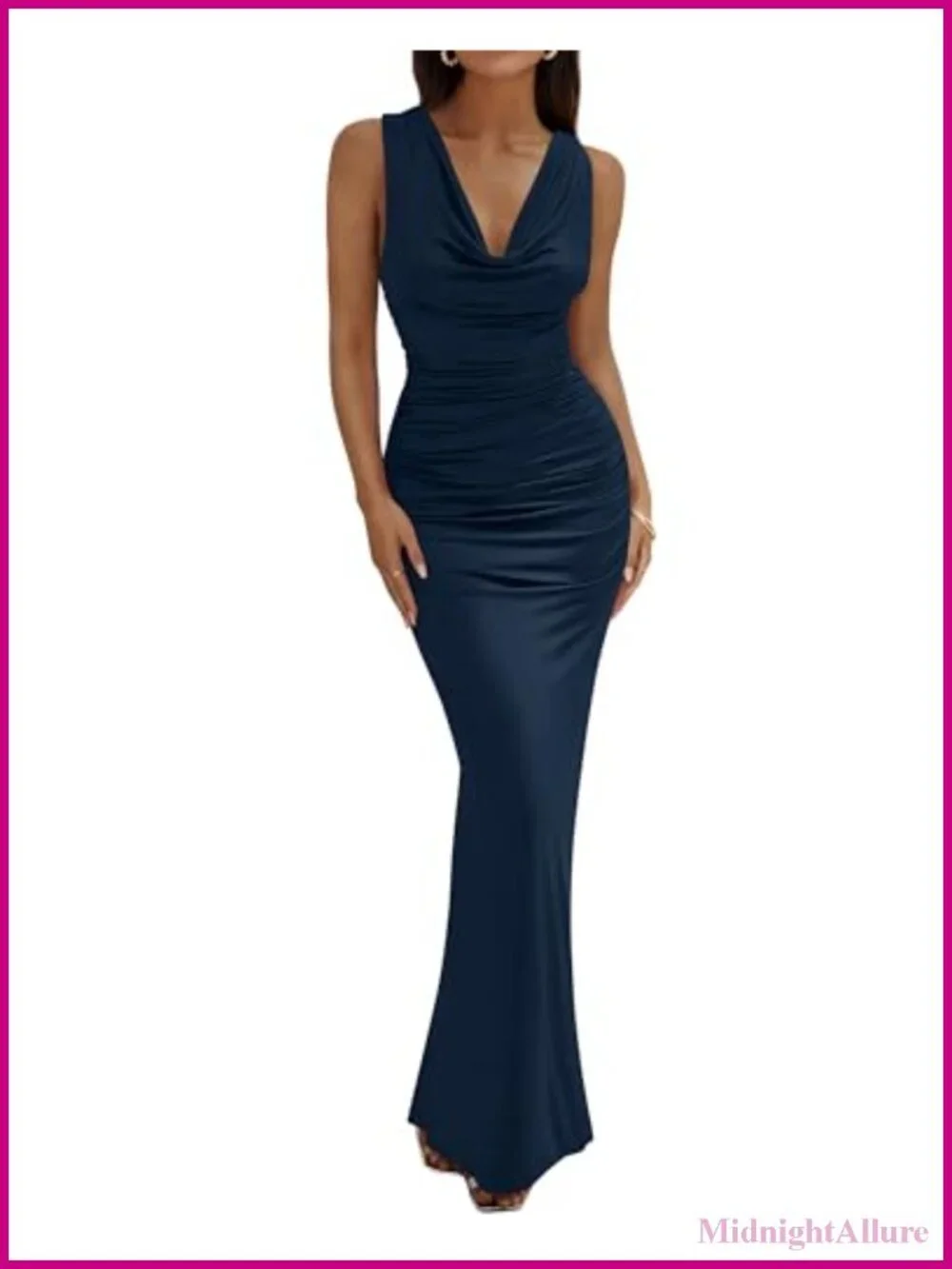 Sleeveless Cowl Neck Ruched Bodycon Maxi Dress for Wedding Guest Cocktail Party